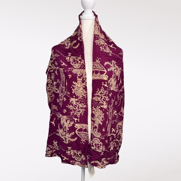 Zazou Luxe 100% Silk Scarf Wrap Berry Gold Oriental Toile Print NWT - Picture 1 of 9